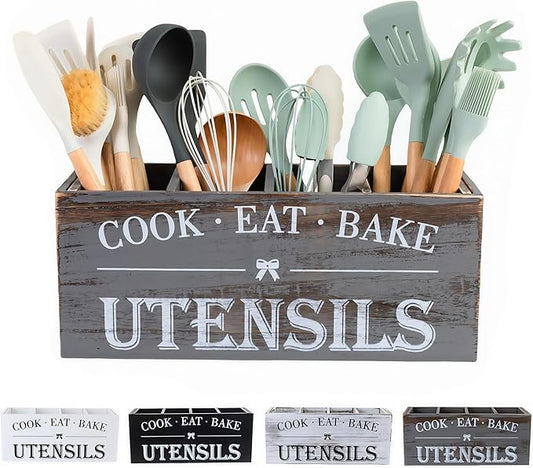 LIBODOUR Utensil Holder,Extra Large Wooden Utensil Holder For Kitchen Counter,Cooking Spatula Organizer,Big Storage Caddy With 4 Compartments Flatware Spoon Tool Cutlery(Light Grey)