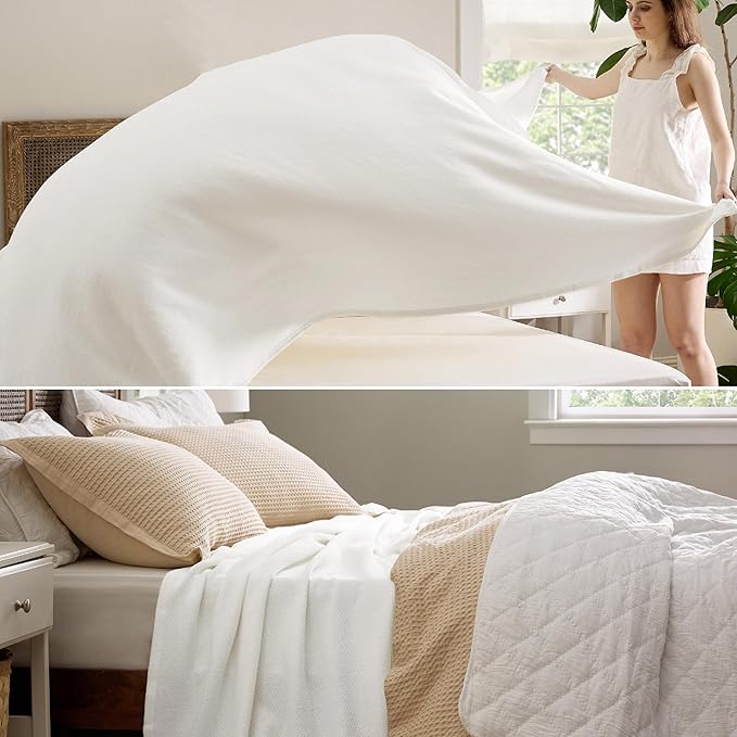 Bedsure GentleSoft 100% Cotton Blanket Queen Size for Bed - Breathable and Lightweight, Soft Cozy Textured Herringbone Woven Blanket for Summer, White, 90x90 inches