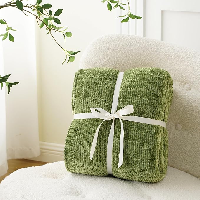 BATTILO HOME Chenille Knitted Throw Blanket for Couch, Spring Summer Green Throw Blanket for Home Decor, Decorative Cozy Soft Moss Green Blankets for Bed Sofa Couch Living Room, 51"x67"