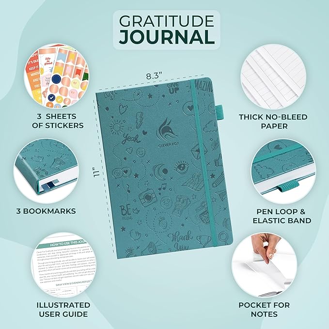 Clever Fox Gratitude Journal Large – Happiness, Positivity & Affirmation Journal – Inspirational Daily Notebook, 3 Months, 8.3x11” (Aquamarine)