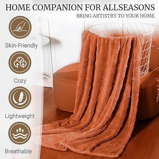 BYKOSY Jacquard Boho Fleece Throw Blanket-Cozy Fluffy Soft Lightweight Fuzzy Blanket for Sofa, Couch, Bed, Chair & Car, Gifts for Teen Girls, Women & Men, Home and Dorm Decor, Rust Red, 50" x 70"