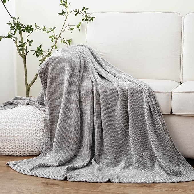 BATTILO HOME Light Grey Throw Blanket for Couch, Soft Knitted Chenille Throw Blanket for Sofa, Chair, Living Room, Cozy Gray Throw Blankets for Bed,51"x67"