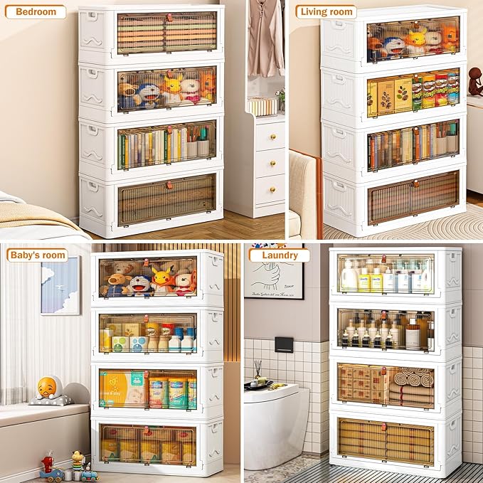 YFXCVSL 4 Tier Storage Bins with Lids 102QT - Stackable Containers with Wheels, Folding Boxes, Set of 25