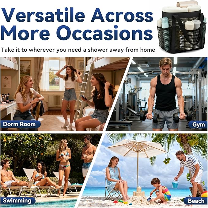 YASONIC Mesh Shower Caddy Portable for Dorm College Room Essentials, 8-Pocket Large Shower Bag with Double Handles, Hanging Shower Basket for Beach, Swimming, Bathroom, Beach, Camp, Gym, Black