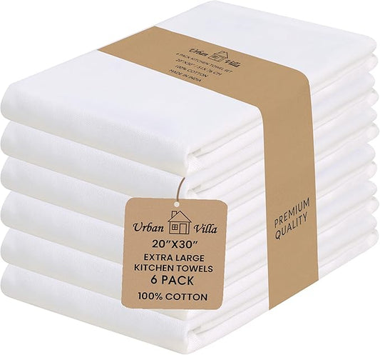 Urban Villa Kitchen Towels 100% Cotton Dish Towels for Kitchen(Set of 6) 20”x30” Dish Cloths Highly Absorbent Kitchen Linen Set with Hanging Loop Perfect for Drying Dishes Cleaning Hand Towels – White