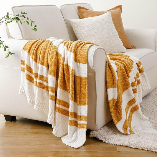 BATTILO HOME Mustard Yellow Throw Blanket for Couch, Soft Chenille Throw Blanket Knit Throw Blankets for Bed, Sofa,Chair, Farmhouse Throw Blankets, Fall Throw Blanket,51"x67"