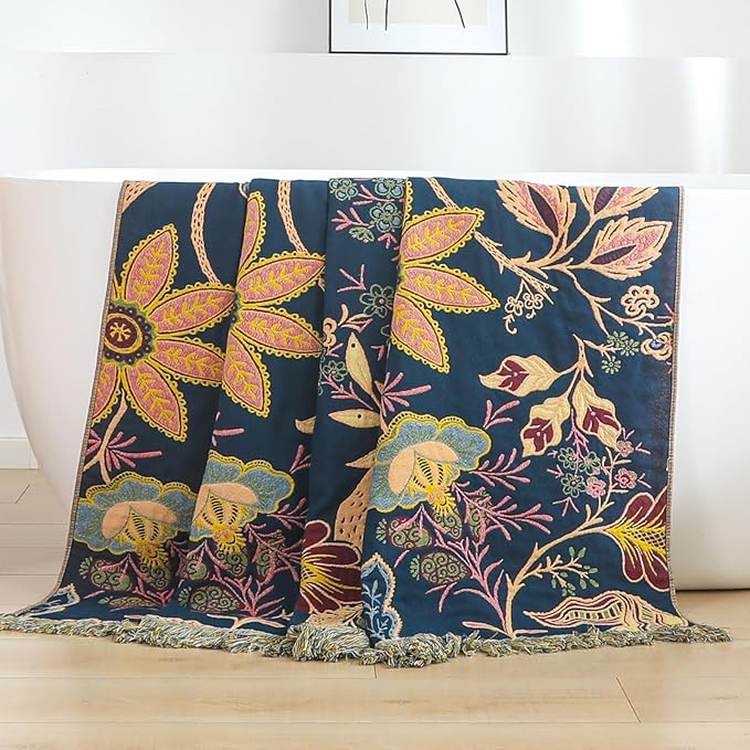 STASOPTK Boho Cotton Throw Blanket - Ultra-Soft Rustic Quilt for Bed, Home Decor & Travel - Large 90"x98" Muslin Blanket - All-Season Lightweight Bedspread & Throw for Women & Moms