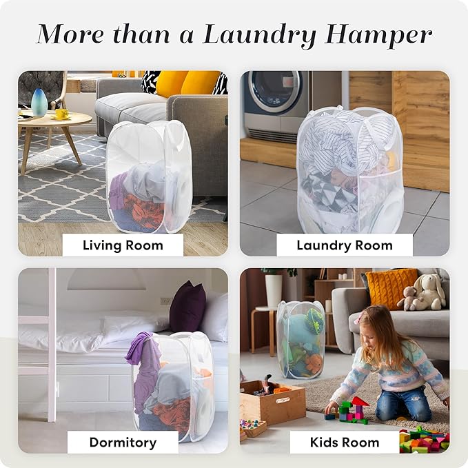 Handy Laundry Collapsible Mesh Pop Up Hamper with Wide Opening and Side Pocket - Breathable, Sturdy, Foldable, and Space-Saving Design for Clothes and Storage (White | 2-Pack)