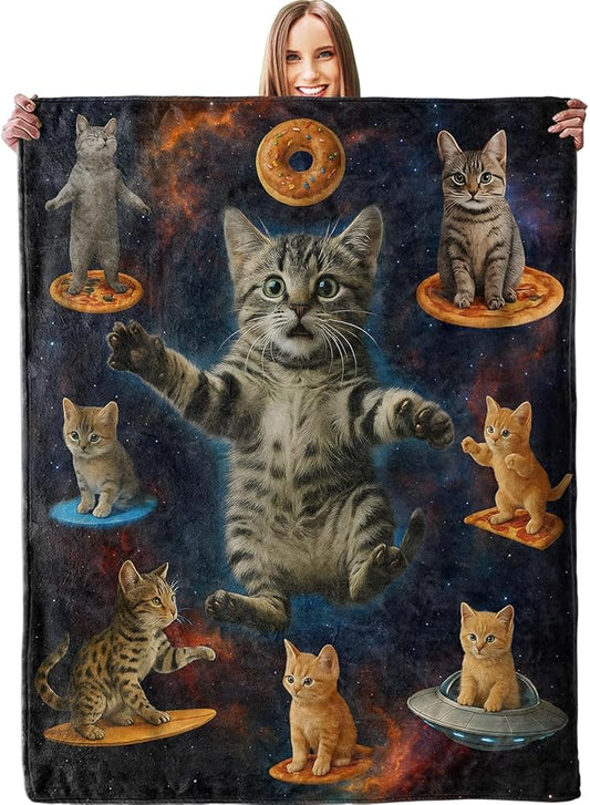 Cosmic Pizza Cat Blanket, Soft Lightweight Warm Cozy Flannel 80×60 inch Throw Blanket for Couch, Travel, Bed, Outdoor, Gifts for Women Men Adults Kids