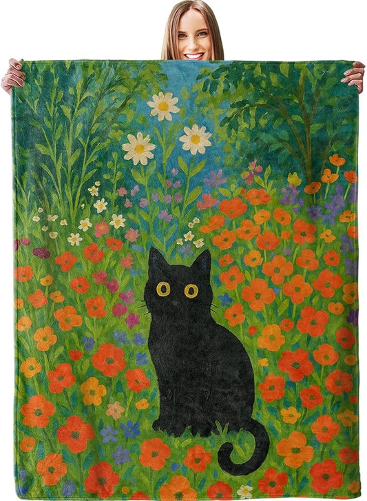 Black Cat in Flowers Blanket, Soft Lightweight Warm Cozy Flannel 50×40 inch Throw Blanket for Couch, Travel, Bed, Outdoor, Gifts for Women Men Adults Kids