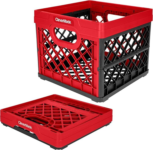 CleverMade Collapsible Milk Crate, Red, 1PK - 25L (6 Gal) Stackable Storage Bins, Holds 50lbs Per Bin - Clevercrates are Heavy Duty, Plastic Collapsible Storage Crate for Multi Purposes