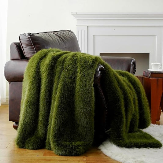BATTILO HOME Luxury Fluffy Green Faux Fur Throw Blanket, Cozy Warm Fur Blanket for Couch, Sofa, Chair, Bed, Plush Fuzzy Fur Throws with Long Pile, 60"x80"