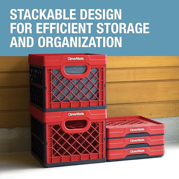 CleverMade Collapsible Milk Crate, Red, 1PK - 25L (6 Gal) Stackable Storage Bins, Holds 50lbs Per Bin - Clevercrates are Heavy Duty, Plastic Collapsible Storage Crate for Multi Purposes