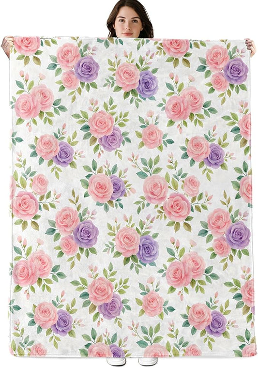 Rose Floral Blanket, 50"x40" Flannel Cozy Lightweight Elegant Pink and Purple Roses Flowers Throw Blankets Gifts for Couch Bed Living Room Decor, Soft Blanket for Women Kids