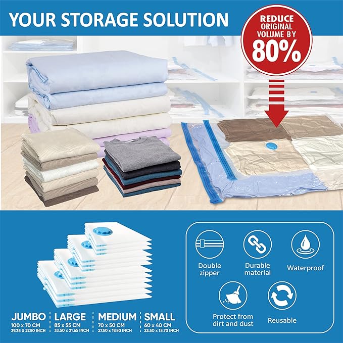 12 Space Saver Vacuum Storage Bags, Vacuum Sealed Storage Bags (3 Jumbo/3 Large/3 Medium/3 Small) with Hand Pump, Vacuum Seal Bags for Clothing, Comforters, Pillows, Towel, Blanket Storage, Bedding