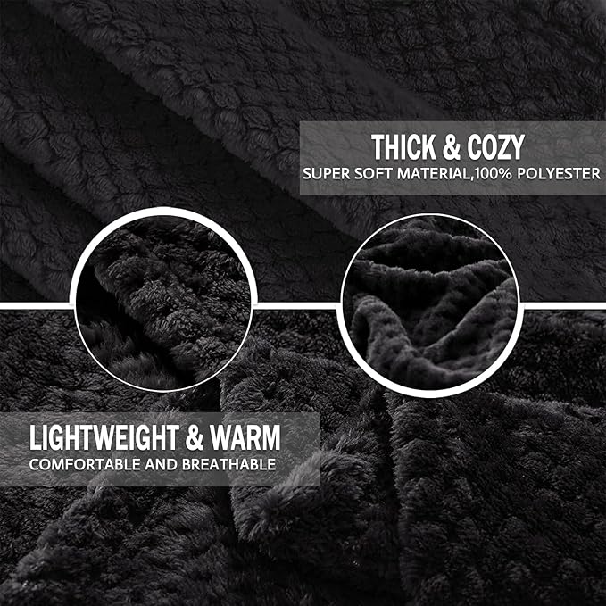 Exclusivo Mezcla Fleece Throw Blanket Extra Large, Super Soft and Warm Blankets for Couch, Sofa and Bed Waffle Textured, Cozy, Fuzzy and Lightweight (Black, 50x70 Inches)
