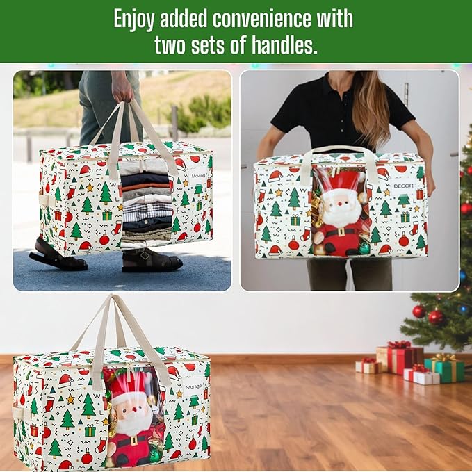 VENO 4 Pack Moving Bags, Large Christmas Storage Bins with lids, Packing Supplies for College, Alternative to Moving Boxes, Foldable, Heavy-Duty Tote, Christmas Pattern (Jingle Mix, 4 Pack)