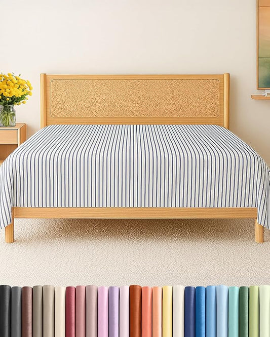 Queen Size Flat Sheet - Hotel Quality Top Flat Bed Sheet Only - Ultra-Soft, Comfy, Breathable & Cooling - Fade & Wrinkle Free - Easy-Care, Stain & Shrink Resistant Bedding - Oeko-Tex - Blue Stripes