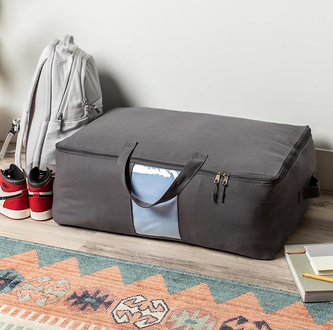 Soft Canvas Storage Bags with Zipper. Thick Breathable, 1pc King/Queen Comforter Organizer. Four Carrying Handles and Window. Large 25x19x9in Bag for Sheets Blankets Bedding Pillows, Clothes (Grey)