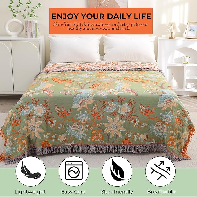 Boho Fall Throw Blanket for Bed，100% Ultra Cotton Soft Breathable Bed Throw Floral Printed Farmhouse Decor Rustic Bed Throws for Couch Sofa Quilt 60" x 80"-Orange& Sage Green