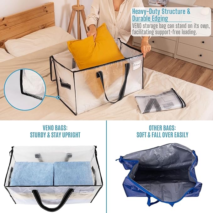 VENO 10 Pack Moving Bags, Christmas Storage Bins, Moving Boxes Alternative, Comforter and Blanket Storage Bags, College Dorm Packing Supplies, Foldable Heavy-Duty Tote (Clear, 10 Pack)