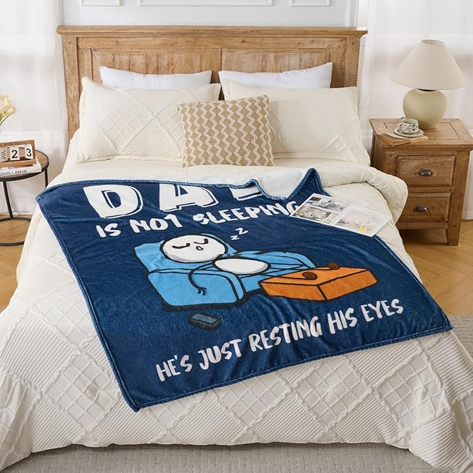 Dad is Not Sleeping Blanket – Funny Gifts for Dad or Husband from Daughter or Son, Super Soft Throw Blanket for Couch and Napping, 60" x 50" (Blue)