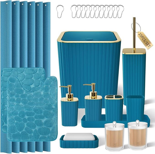 XLHOMO Bathroom Accessory Set - 25PC Teal Bathroom Set, Bathroom Set with Shower Curtain and Rugs, Bathroom Accessories Set, Shower Curtain Set, Trash Can & Soap Dispenser