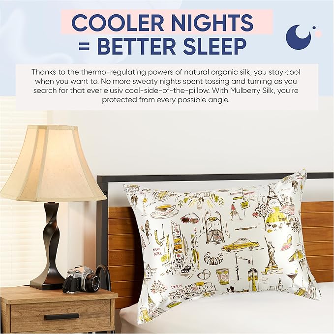 Blissy Silk Pillowcase - 100% Pure Mulberry Silk - 22 Momme 6A High-Grade Fibers - Silk Pillow Cover for Hair & Skin - Regular, Queen & King (Nicole Miller - NY to Paris, King)