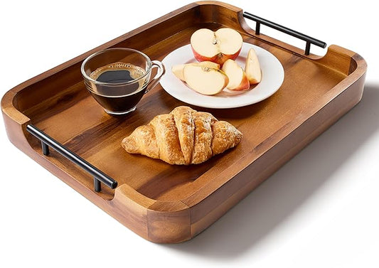 Ottoman Tray for Living Room – 17"x13" Rectangle Serving Tray with Handles – Wooden Tray for Coffee Table, Living Room, Breakfast in Bed – Decorative Trays for Ottoman or Couch (Acacia Wood)
