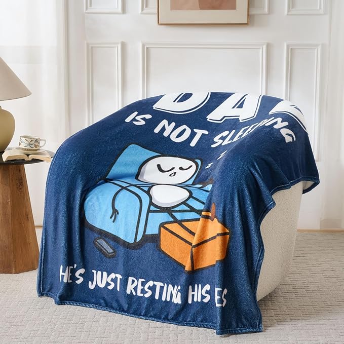 Dad is Not Sleeping Blanket – Funny Gifts for Dad or Husband from Daughter or Son, Super Soft Throw Blanket for Couch and Napping, 60" x 50" (Blue)