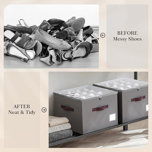 Criusia Shoe Organizer for Closet, 4 Pack Shoe Organizer with Transparent Cover and Sturdy Handles, Closet Shoe Storage for Sneakers Sandals Slippers, Fit 12-16 Pairs, Gray