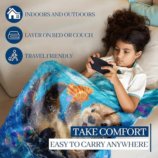 Cute Otter with Seashell Blanket, 50"x40" Flannel Cozy Lightweight Throw Blankets Gifts for Couch Bed Living Room Decor, Soft Blanket for Women Kids