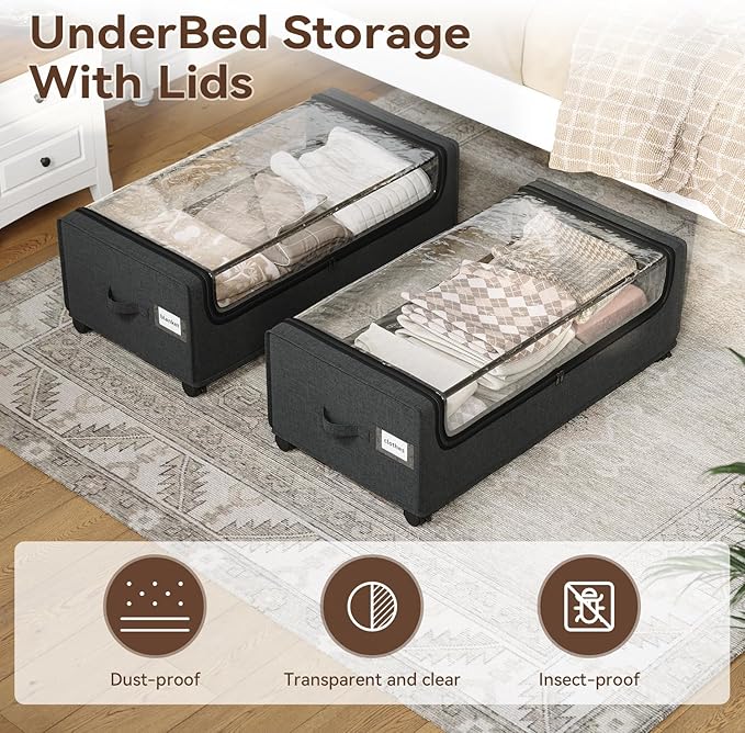 VicHomey Under Bed Storage With Wheels, XXXXL Large Underbed Storage Organizer, 90L Capacity, for Shoes, Clothes, Blankets, Bedding