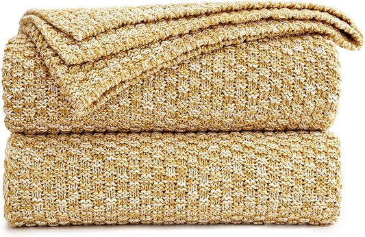 Longhui bedding Gold Knitted Throw Blanket for Couch, Soft, Cozy Machine Washable 100% Cotton Sofa Blanket, Heavy 2.5lb Weight, Laundry Bag Included, Mustard Yellow and White