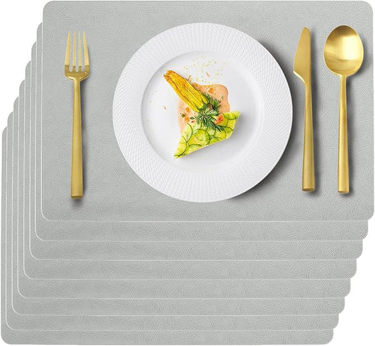 Vinyl Placemats Set of 8 Faux Leather 100% Waterproof Wipeable Washable Place Mats Heat Resistant Easy Clean Non-Slip Table Mats for Indoor Outdoor. (8, Light Gray)