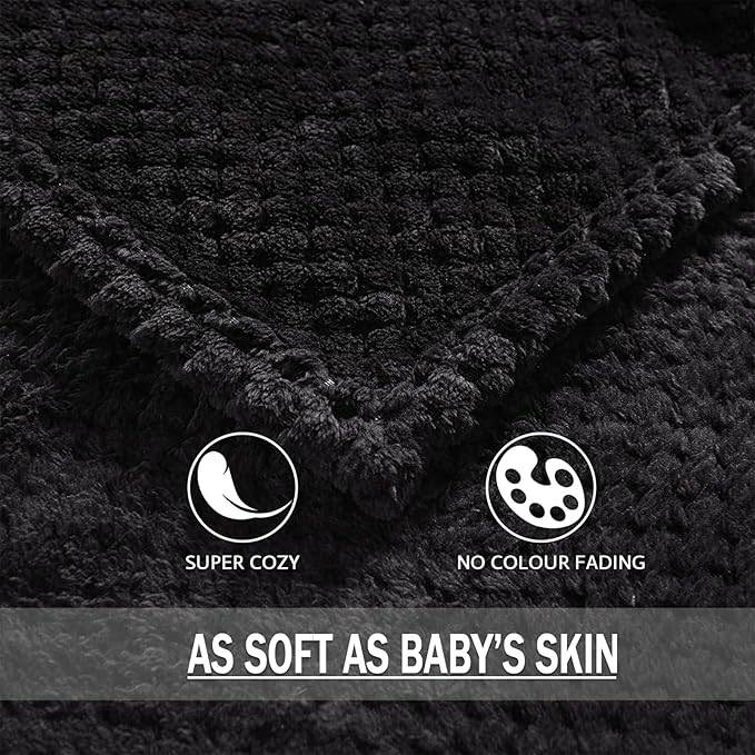 Exclusivo Mezcla Fleece Throw Blanket Extra Large, Super Soft and Warm Blankets for Couch, Sofa and Bed Waffle Textured, Cozy, Fuzzy and Lightweight (Black, 50x70 Inches)