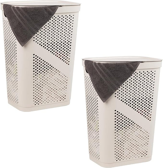 Mind Reader 60L Slim Laundry Hamper, Clothes Basket, Lid, Ventilated, Plastic, Set of 2, Ivory