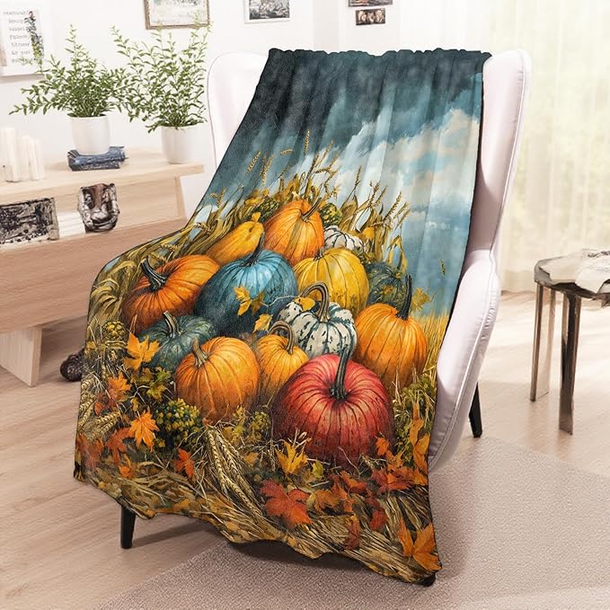 wyxdwh Harvest Pumpkin Patch Blanket, Cozy Flannel Rustic Field Throw Blanket for Couch Outdoor, Plush Soft Lightweight Travel Blankets for Bed Decor and Gifts, for Women Adults Kids 40"x50"