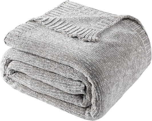 BATTILO HOME Light Grey Throw Blanket for Couch, Soft Knitted Chenille Throw Blanket for Sofa, Chair, Living Room, Cozy Gray Throw Blankets for Bed,51"x67"