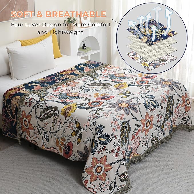 STASOPTK Boho Cotton Throw Blanket - Ultra-Soft Rustic Quilt for Bed, Home Decor & Travel - Large 60"x80" Muslin Blanket - All-Season Lightweight Bedspread & Throw for Women & Moms