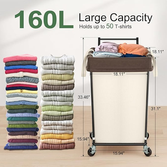 Mefirt 160L Laundry Hamper with Wheels and Handle, 2 Section Large Rolling Laundry Basket Bag with Wheels, Clothes Hamper Cart for Laundry, Bedroom, Bathroom and Dorm