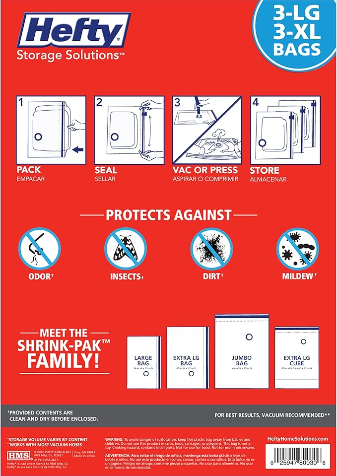 Hefty Shrink-Pak Vacuum Storage Bags - Space Saver for Under Bed Storage, Clothing and Comforters, Odor Resistant, 3X More Storage Space - 3 Large, 3 XL Bags