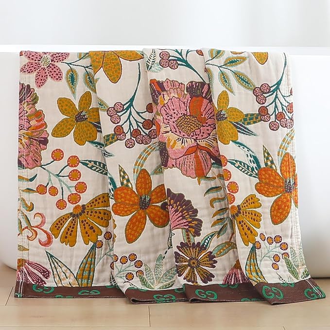 STASOPTK Boho Rustic Throw Blanket,100% Cotton Soft Vintage Bed Throw Blankets Floral Farmhouse Decor Throws,Reversible Throw for Sofa Couch, 60"×80" for All Seasons -White