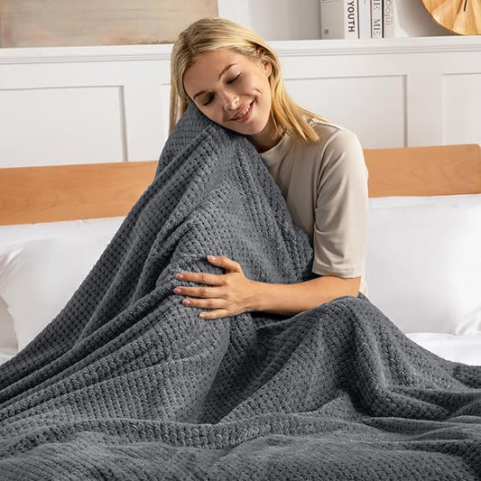Exclusivo Mezcla Fleece Bed Blanket Queen Size, Super Soft and Warm Blankets for Couch, Sofa and Bed Waffle Textured, Cozy, Fuzzy and Lightweight (Dark Grey, 90x90 Inches)