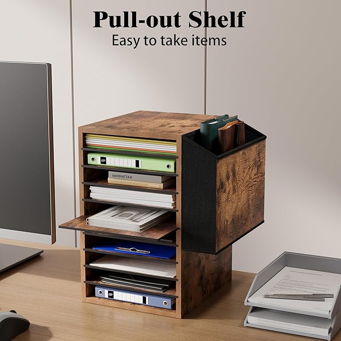 Unionly Office Mail Sorter, Wooden Paper Organizer with Storage Bag, 10 Tier Adjustable Classroom Mailbox, Removable Classroom Organization, Teacher Desk Organization for Office, Study, Brown