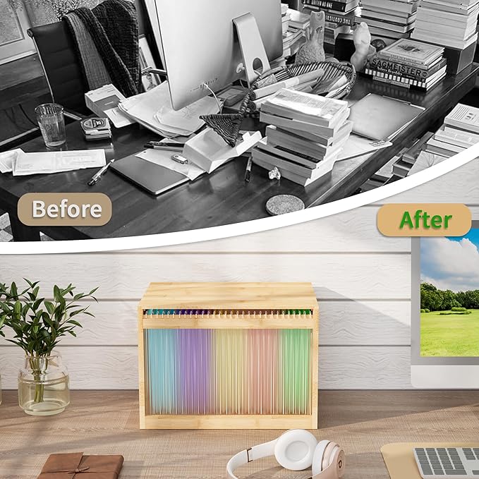 LONTAI Natural Bamboo & Acrylic File Box with Removable Lid, Modern File Organizer Box for Letter/Legal Files, Hanging File Box with Easy Assembly & Dustproof Storage for Home Office