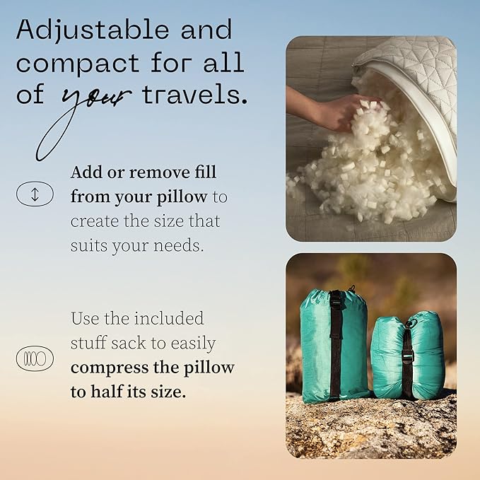 Coop Home Goods Original Travel and Camping Adjustable Pillow, Small Camping Pillow with Compressible Stuff Sack, Medium-Firm Memory Foam with Lulltra Washable Cover, CertiPUR-US Certified (19x13)