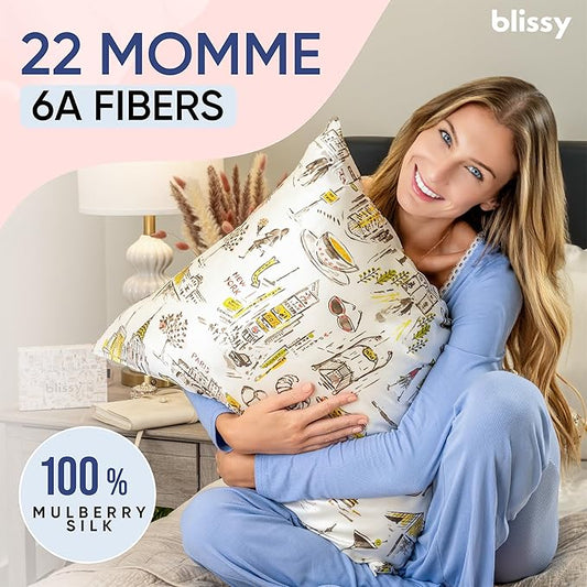 Blissy Silk Pillowcase - 100% Pure Mulberry Silk - 22 Momme 6A High-Grade Fibers - Silk Pillow Cover for Hair & Skin - Regular, Queen & King (Nicole Miller - NY to Paris, King)