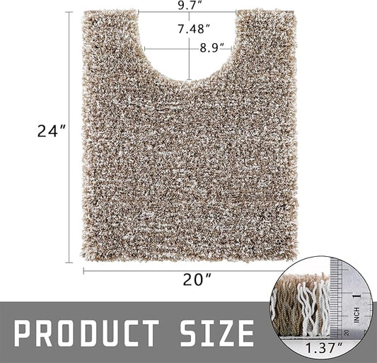 Yimobra Toilet Rugs U Shaped Washable 24x20, Ultra Soft and Water Absorbent Bath Mats, Non Slip Fluffy Shaggy Luxury Microfiber Contour Bath Rugs for Toilet, Dry Quick, Light Brown and White