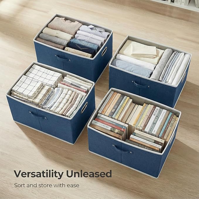 PRANDOM Storage Bins with Lids [3-Pack] Linen Fabric Foldable Storage Boxes Organizer Containers Baskets Cube with Cover for Bedroom Closet Office Royal Blue(23.4X15.9X11.4)